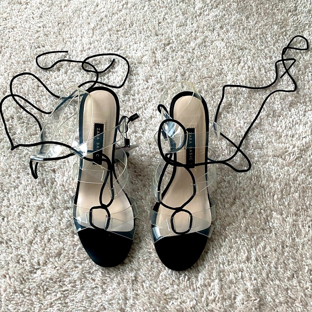 NEW!! Zara black suede & clear vinyl tie sandals